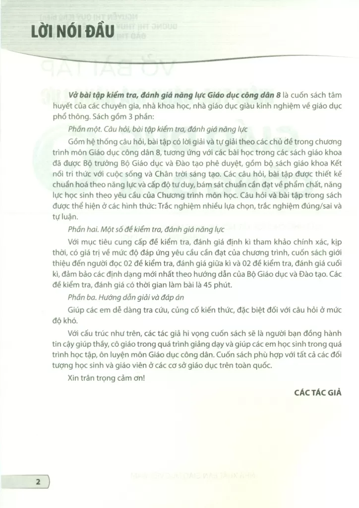 VỞ BÀI TẬP KIỂM TRA, ĐÁNH GIÁ NĂNG LỰC GIÁO DỤC CÔNG DÂN LỚP 8 (Sử dụng cho SGK Kết nối tri thức, Chân trời sáng tạo)